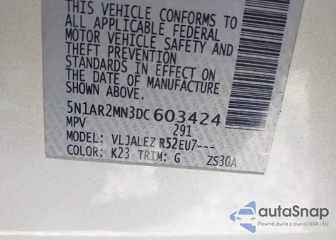2013 Nissan Pathfinder Sv z USA, uszkodzony, nr VIN 5N1AR2MN3DC603424